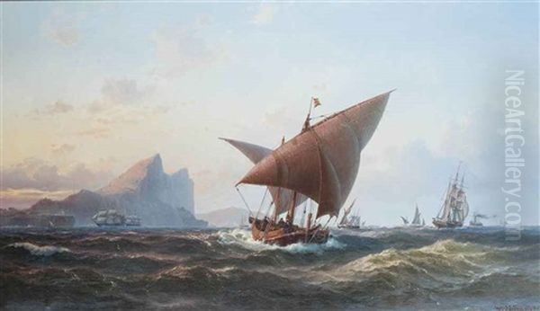 A Spanish Felucca, British Warships And Other Shipping In The Mediterranean Off Gibraltar by Vilhelm Melbye