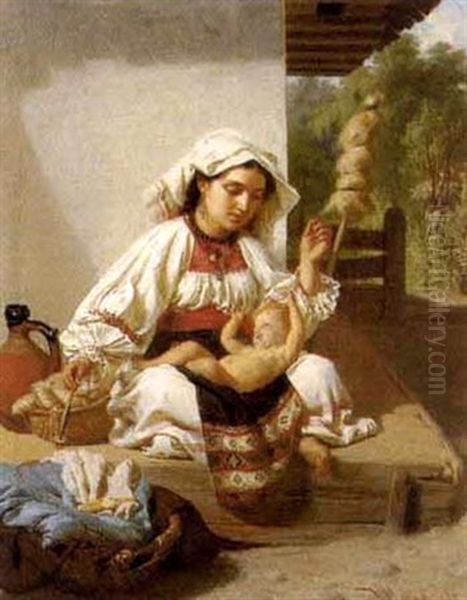 Junge Frau In Ungarischer Tracht Mit Spindel Und Kleinkind by Vinzenz Melka