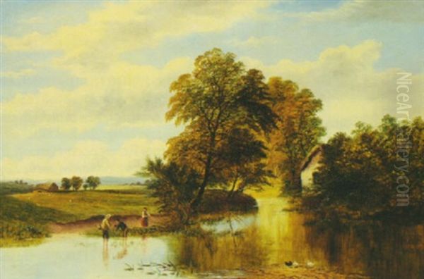 Landscape With A Mill And Figures Fishing By A Pond by William Mellor