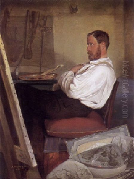 Der Maler Heinrich Heinlein Vor Der Staffelei Sitzend by Carl Adolf Mende