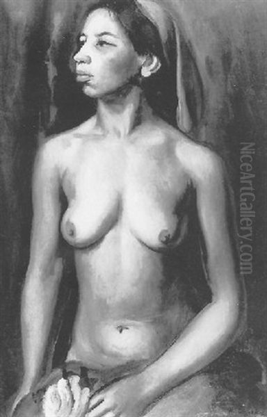 Portrait Of A Semi-naked Negress Seated Holding A Rose by Bernard Meninsky