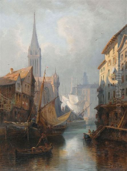 Stimmungsvolle Stadtansicht Mit Segelbooten Auf Einem Kanal Oil Painting - Louis Mennet