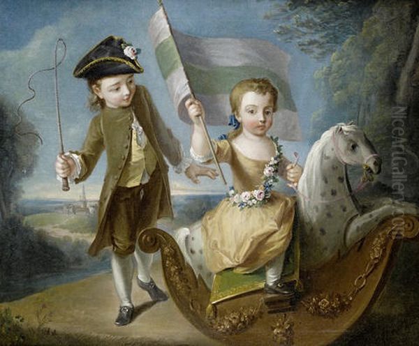 Portrait Of A Young Girl Seated On A Rocking Horse And A Boy Holding A Flag, Before An Open Landscape by Philip Mercier