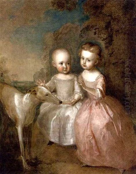 Double Portrait Of A Boy And A Girl In A Landscape With A Greyhound, He In An Oyster Satin Dress, She In A Pink Dress by Philip Mercier