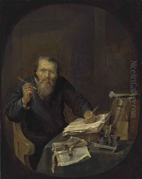 A Notary Sharpening His Pen, In An Interior by Gabriel Metsu