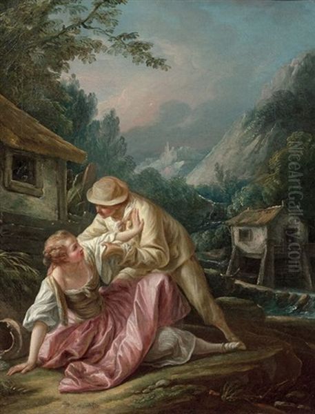 Pierrot Et Colombine En Lavandiere Pres D'un Cours D'eau by Pierre-Charles Le Mettay