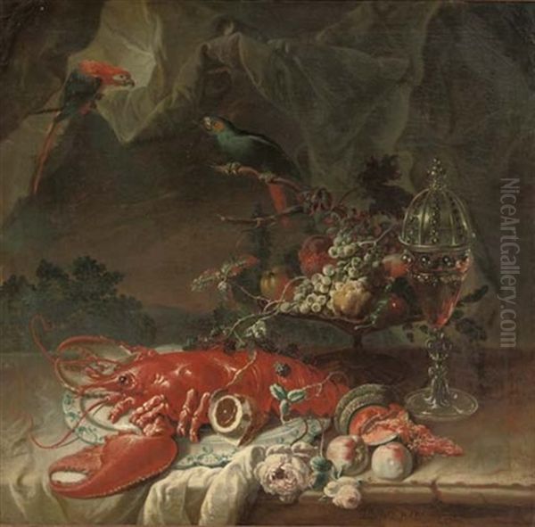 A Lobster On A Porcelain Platter, A Tazza With Fruit And A Covered Glass Of Red Wine, All On A Partially Draped Stone Ledge by Johann Martin Metz