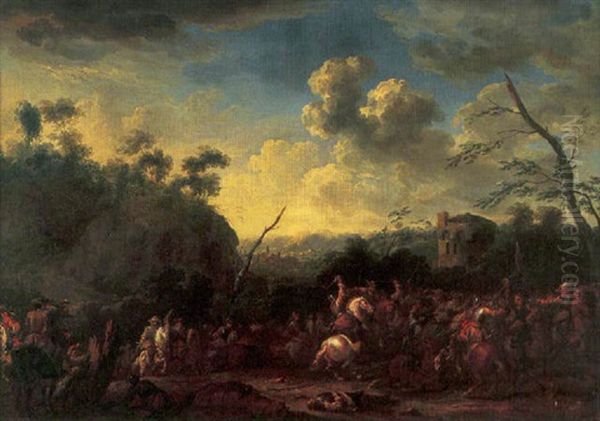 A Cavalry Skirmish In An Italianate Landscape With A Town Beyond by Adam Frans van der Meulen