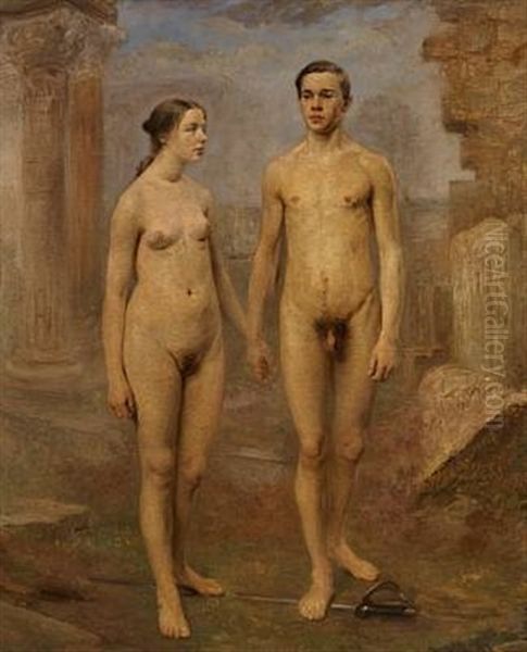 A Naked Man And Woman Standing Among Ruins. He Is Treading On A Sword by Carl Vilhelm Meyer