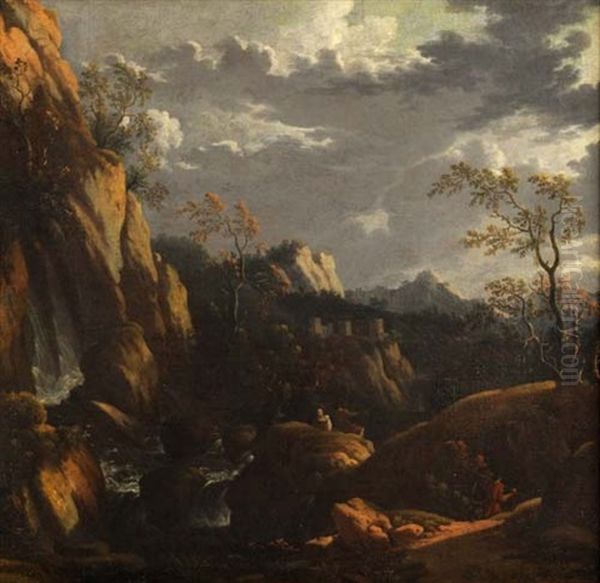 Felsige Flusslandschaft Mit Figurenstaffage Und Burgruine by Felix Meyer