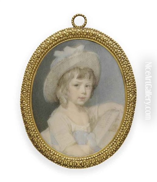 Thomas Alphonso Hayley Aged Three, Seated, In A White Dress With Blue Sash Tied Around Waist, His Left Arm Holding Open A Book, Wearing A Hat With Blue Ribbon Tied In A Bow by Jeremiah Meyer