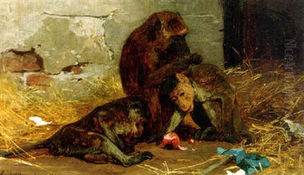 Monkeys In A Barn by Paul Friedrich Meyerheim