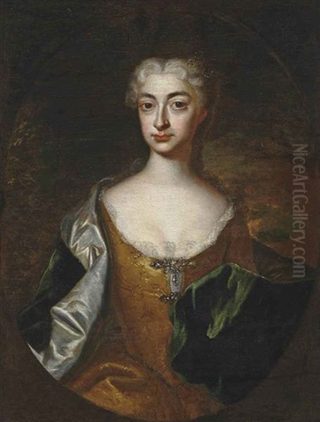 Portrait Of Countess Maria Josepha Von Sternberg (1712-?), Half-length, In A Gold Embroidered Dress And A Green Wrap, In A Landscape, In A Feigned Oval by Martin van Meytens the Younger