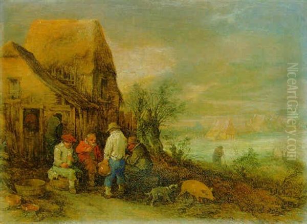 Peasants Drinking And Smoking Outside A Farm by Theobald Michau