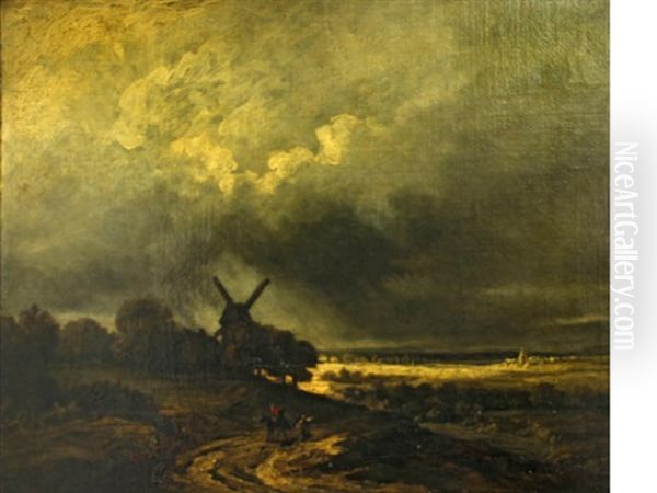 A Landscape With A Windmill And Figures On A Track In The Foreground by Georges Michel