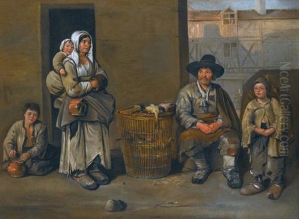 A Street Scene With A Poultry Seller And His Family by Jean Michelin