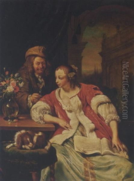 A Man Offering A Glass Of Wine To An Elegant Young Lady Studying Music In An Interior, A Flower Still Life On A Table by Frans van Mieris the Elder