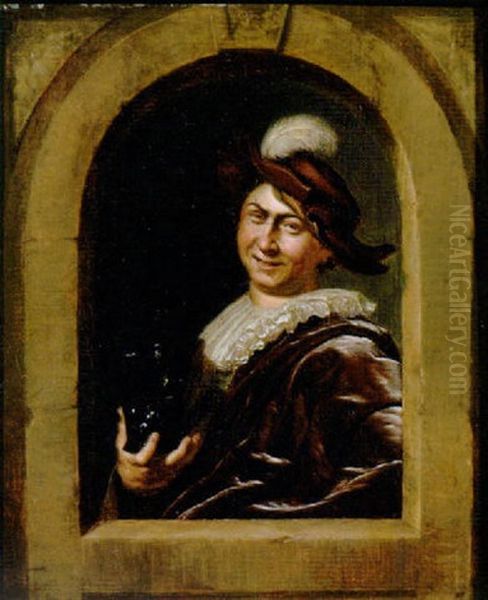 A Youth In Fancy Dress At A Feigned Stone Window, Holding A Roemer by Frans van Mieris the Elder