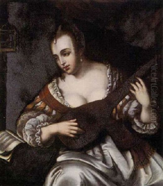 A Woman Playing The Lute by Frans van Mieris the Elder