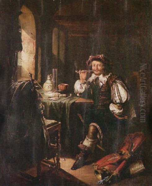 A Cavalier Smoking In An Interior by Frans van Mieris the Elder