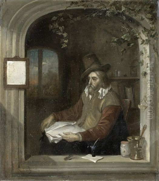 A Bearded Man Reading, Seated At A Casement Window by Frans van Mieris the Younger