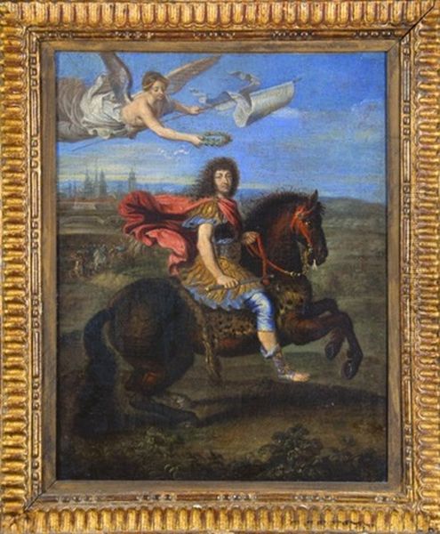 Portrait Equestre De Louis Xiv Couronne Par La Renommee by Pierre Mignard the Elder