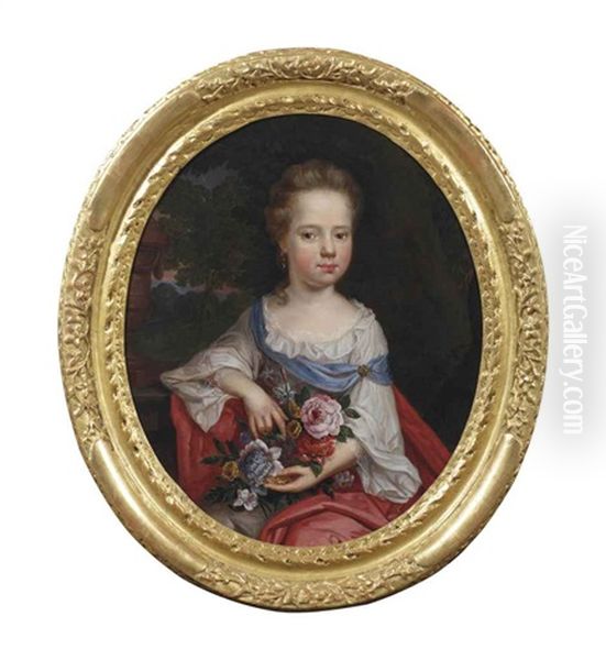 Portrait Of A Girl, Three-quarter Length, In A Park Landscape, Holding A Bouquet Of Flowers by Pierre Mignard the Younger