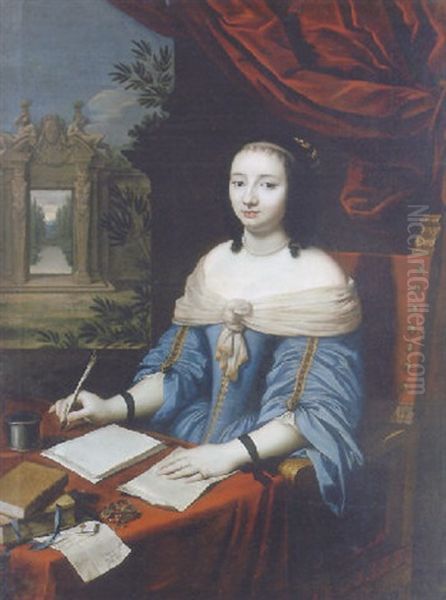 Portrait Of A Lady Seated At A Writing Table, Wearing A Blue Dress With A White Sash by Nicolas Mignard