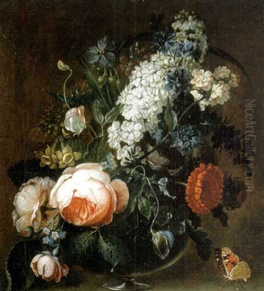 Fleurs Dans Un Vase, Sur Un Entablement En Pierre by Abraham Mignon