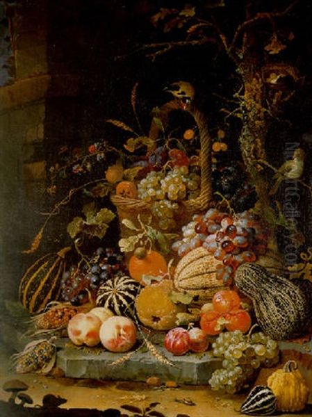 A Forest Floor Still Life With Grapes, Plums, Rosehips, Blackberries And Ears Of Corn In A Basket With Other Objects And Animals by Abraham Mignon