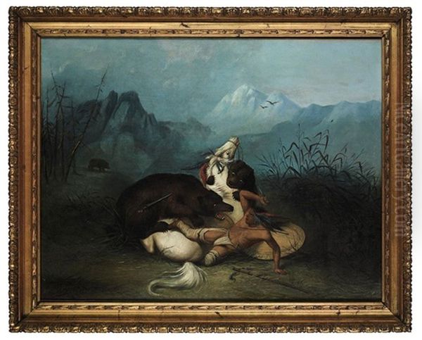 An Indian And His White Horse Attacked By Two Bears In A Mountainous Landscape by Alfred Jacob Miller