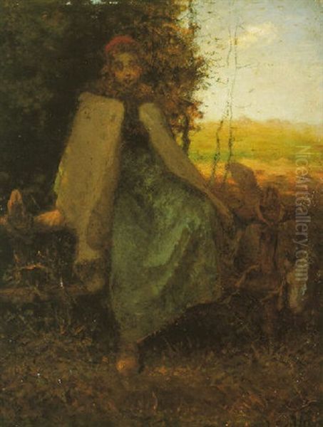 Shepherdess Seated On A Fence (la Barriere) by Jean-Francois Millet