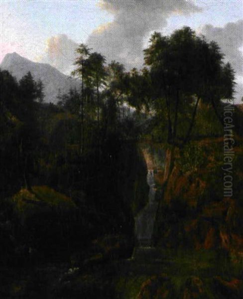 Paysage De Hautes Montagnes Avec Cascade by Alexandre Louis Robert Millin Du Perreux