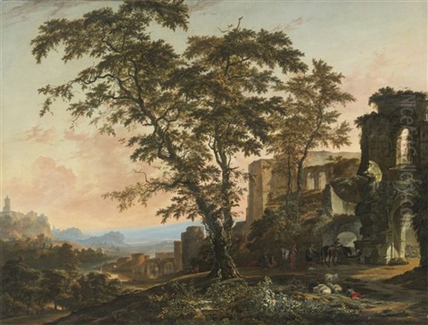 Extensive Rhenish Landscape With Peasants And Animals Resting In The Shade Of Romanesque Ruins by Hendrich van Minderhout