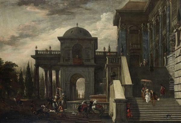 Elegante Compagnie Devant Un Palais Classique (possible Collab. W/jacob Ferdinand Saeys) by Hendrich van Minderhout