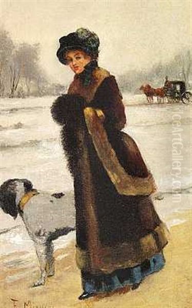 Elegant Dame Med Sin Hund, Vinter by Francisco Miralles y Galup