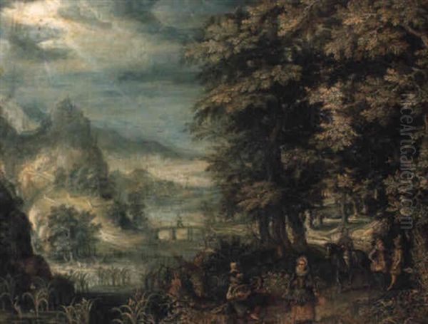 An Extensive River Landscape With A Gentleman Serenading A Lady On A Path by Anton Mirou