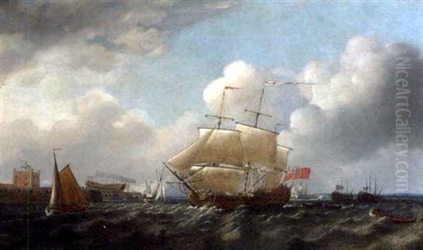 A British Man-o'war Passing Sheerness, With A Large Warship On The Stocks In The Dockyard And Two Vessels Laid Up Offshore by Thomas Mitchell