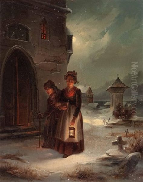 Zwei Frauen Beim Abendlichen Kirchgang Im Winter by Elisabeth Modell