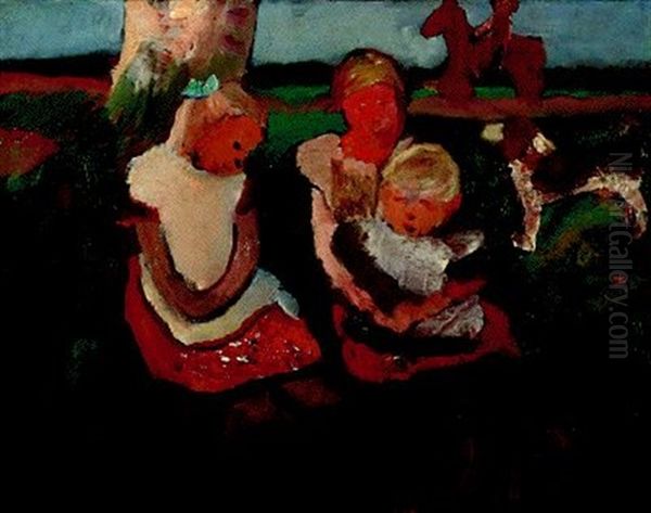 Drei Kinder An Einem Hang Sitzend Mit Hund Und Pferd by Paula Modersohn-Becker