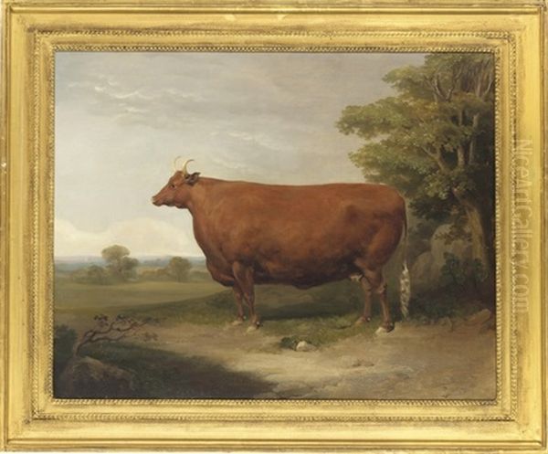 A Prize Cow In An Extensive Landscape (+ A Prize Bull In A Farmyard; Pair) by Thomas Mogford