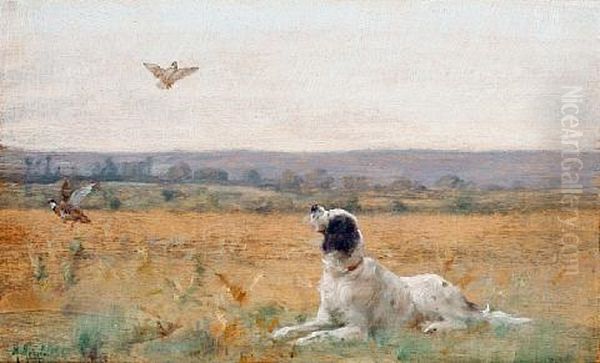 A Springer Spaniel In A Field With Partridges In Flight by Marcel E. Moisand