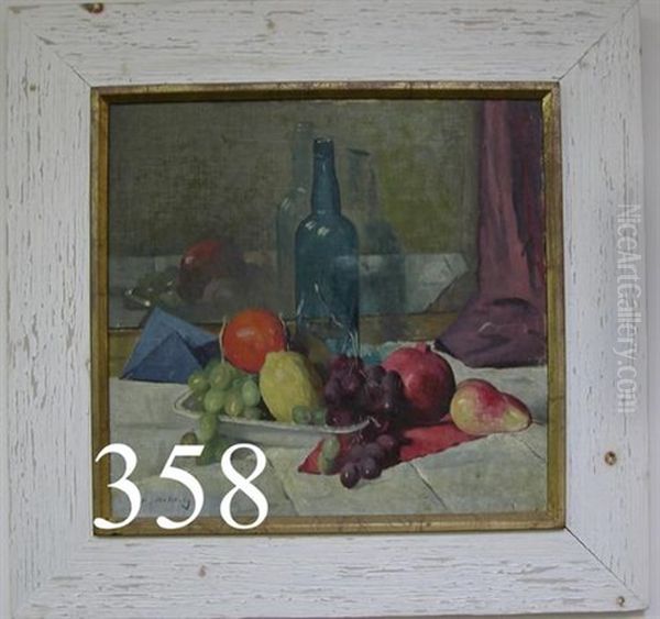 Still Life With Wine Bottle And Fruit On Table Top by Maurice Molarsky