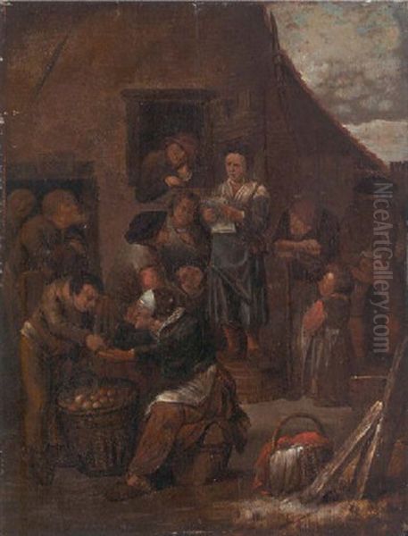 Peasants By A Building With An Apple Seller by Bartholomeus Molenaer