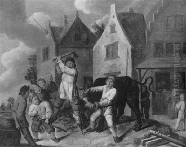 Peasants Slaughtering A Bull In A Village by Jan Miense Molenaer