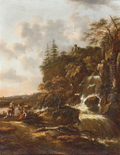 A Mountainous Landscape With A Waterfall by Nicolaes Molenaer