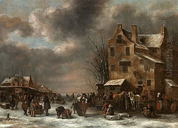 Stadsbild I Vinter Med Folkliv Pa Frusen Kanal by Nicolaes Molenaer