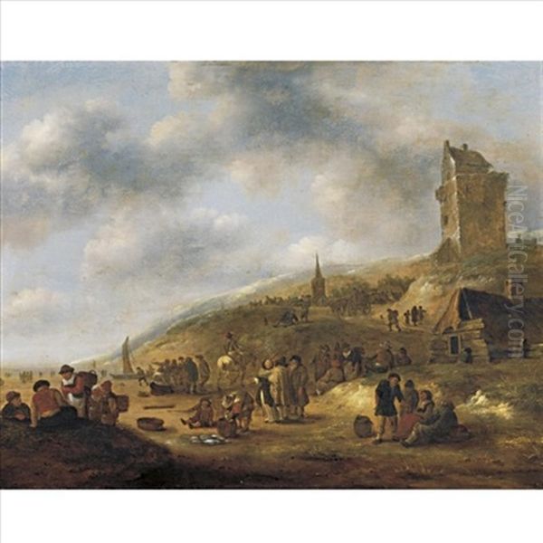 Fisherfolk With Townspeople On A Beach by Nicolaes Molenaer