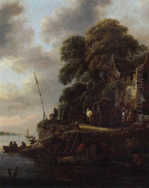 A River Landscape With Wagons And Figures Near An Inn by Nicolaes Molenaer