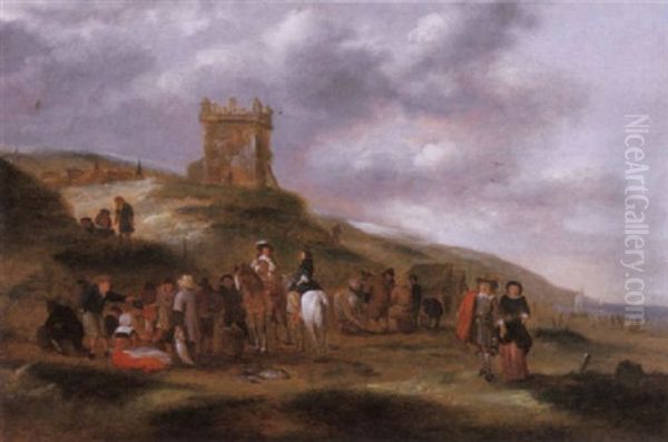 Elegant Figures Among Fisherfolk Examining Their Catch On The Shore, With A Fortified Tower On The Dunes Beyond by Nicolaes Molenaer